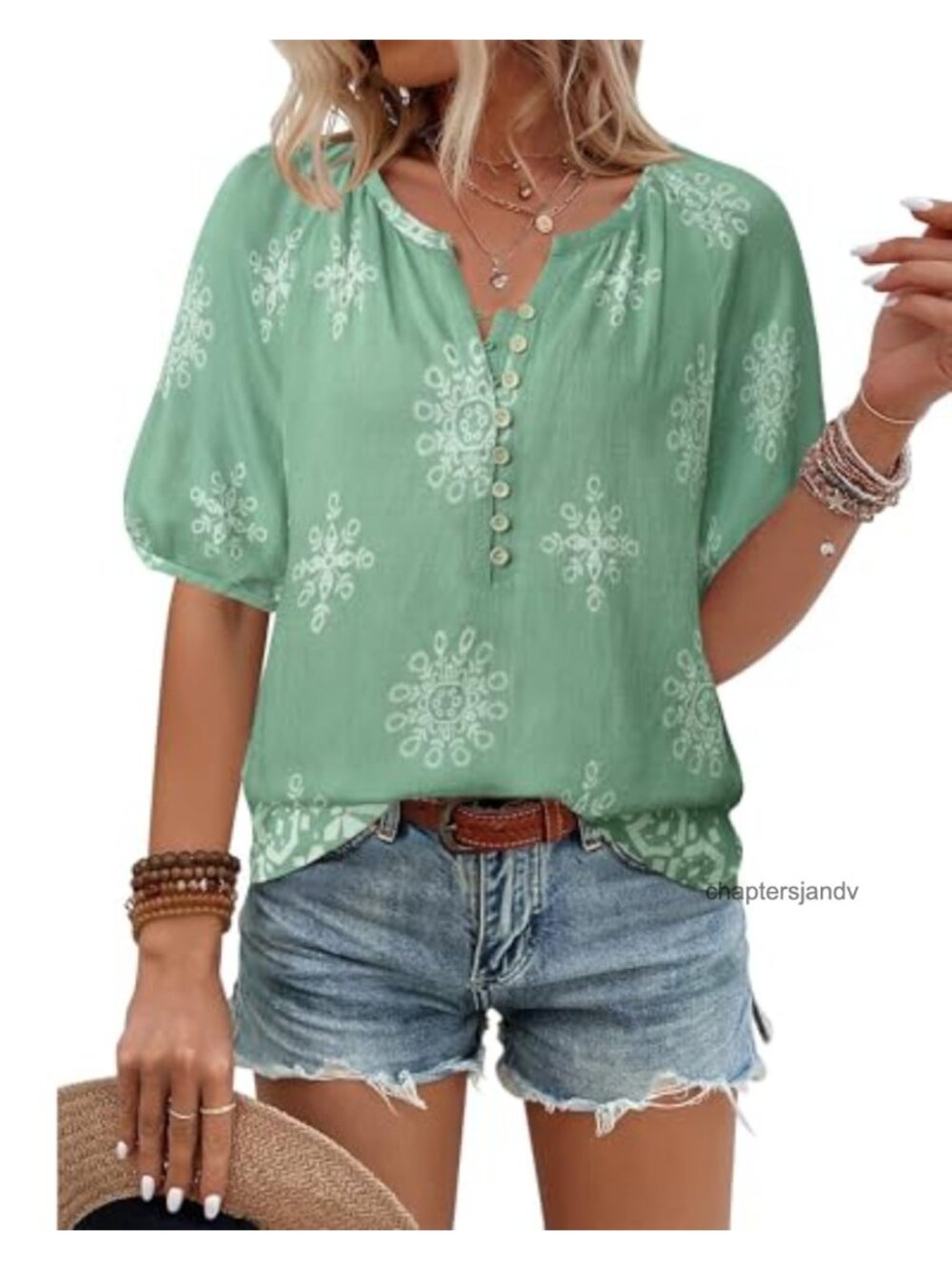 Womens V Neck Short Sleeve Blouse Floral Boho Button Down Summer Top Rayon Nylon